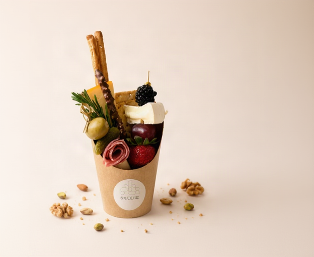 A gourmet charcuterie snack box in a kraft paper cup, filled with crackers, pretzels, cheese, salami, olives, strawberries, blackberries, and nuts, set against a solid light beige background.