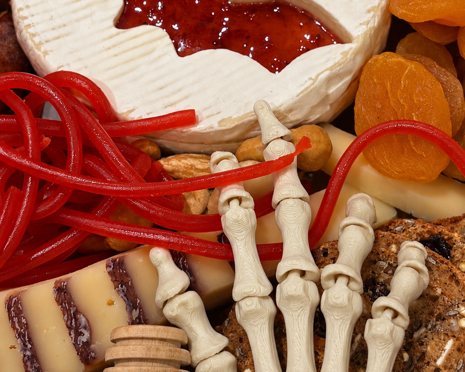 A Halloween-themed charcuterie board featuring a round cheese wheel with a bat-shaped fruit jam filling, red gummy candy, dried apricots, strawberries, and a small skeleton hand decoration.