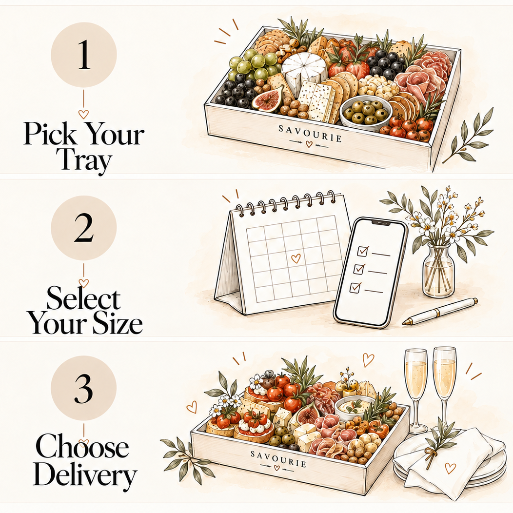 An infographic titled 'Order in Three Simple Steps' with illustrated panels showing how to order a gourmet food tray: pick your tray, select your size, and choose delivery. The tray is illustrated with assorted cheeses, meats, fruits, and charcuterie items, and the side label reads 'SAVOURIE'.