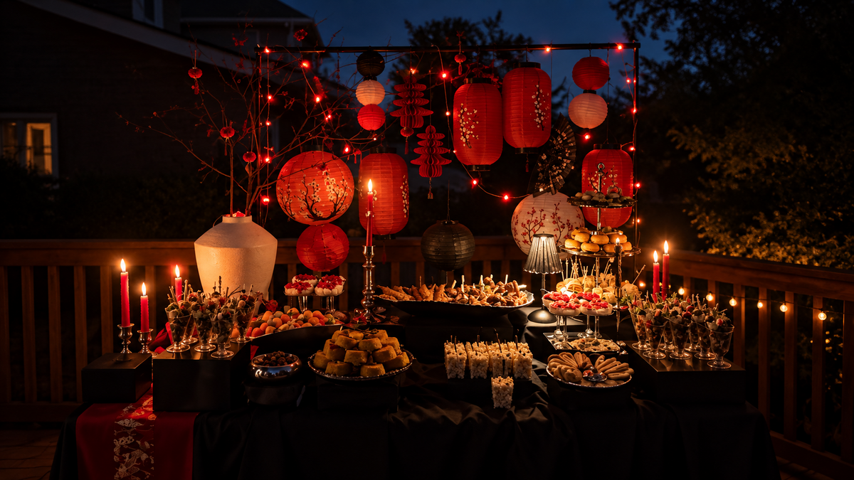 A festive outdoor buffet table decorated with red lanterns, string lights, and red candles on a dark night deck. Plates of food, cups, and decorative lanterns are arranged under a black tablecloth, with a house visible in the background.
