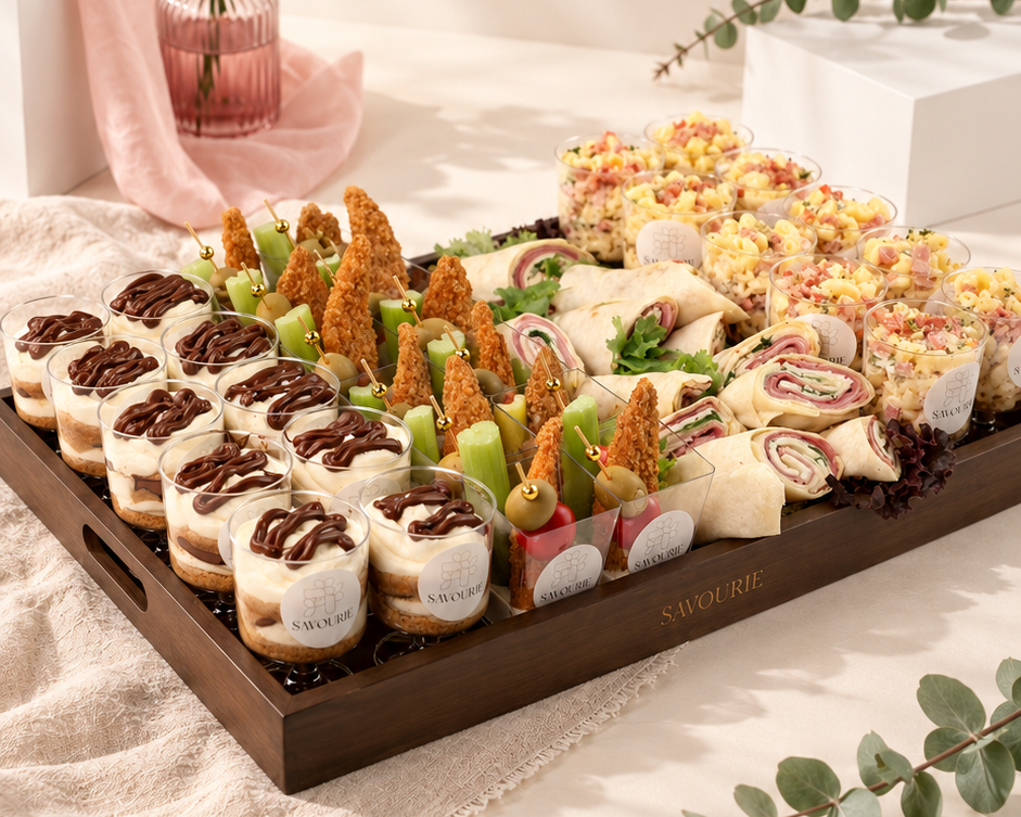 A large wooden serving tray filled with assorted finger foods and appetizers, including mini sandwiches, wraps, fried items, and drizzled chocolate sauce, styled on a cream fabric surface with soft shadows and decorative flowers in the background.