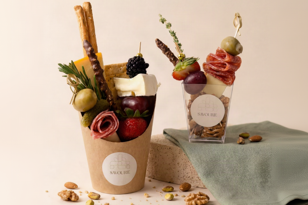 Two gourmet charcuterie snack cups from Snigligid, styled on a neutral beige background with a sage green cloth. The left cup is a kraft paper bucket filled with crackers, cheese, strawberries, grapes, olives, and a rolled salami skewer.