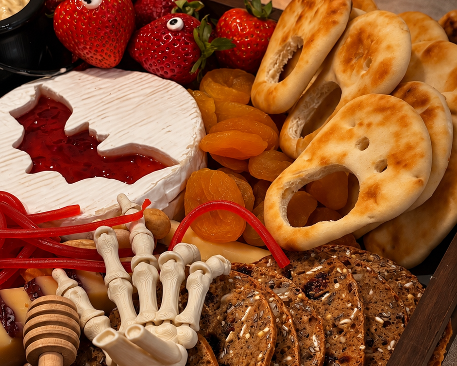 A styled charcuterie board in a dark wooden tray, featuring sliced cured meats, pretzel-shaped crackers, strawberries, dried apricots, cheese, and Halloween-themed props including a skeleton hand and candy corn, set against a warm, sunlit background with leaf shadows.
