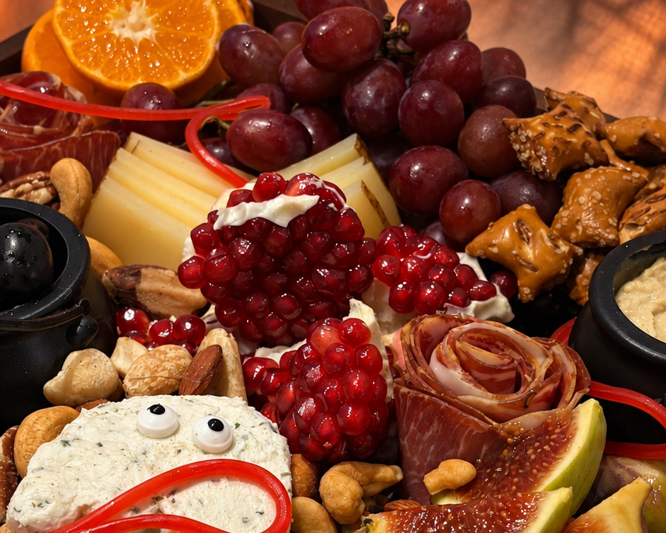 A close-up of a charcuterie board filled with sliced salami, cheese wedges, grapes, figs, pomegranate, orange slices, nuts, and small appetizers on a warm orange-toned background.