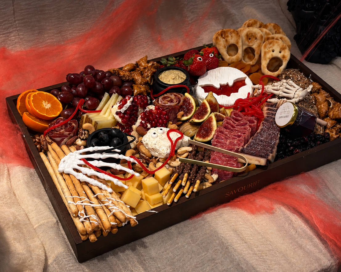A Halloween-themed charcuterie board styled with spooky props, including fake blood, a cauldron, spiderwebs, and a skull, filled with cheeses, meats, pretzels, grapes, and fruit on draped fabric.