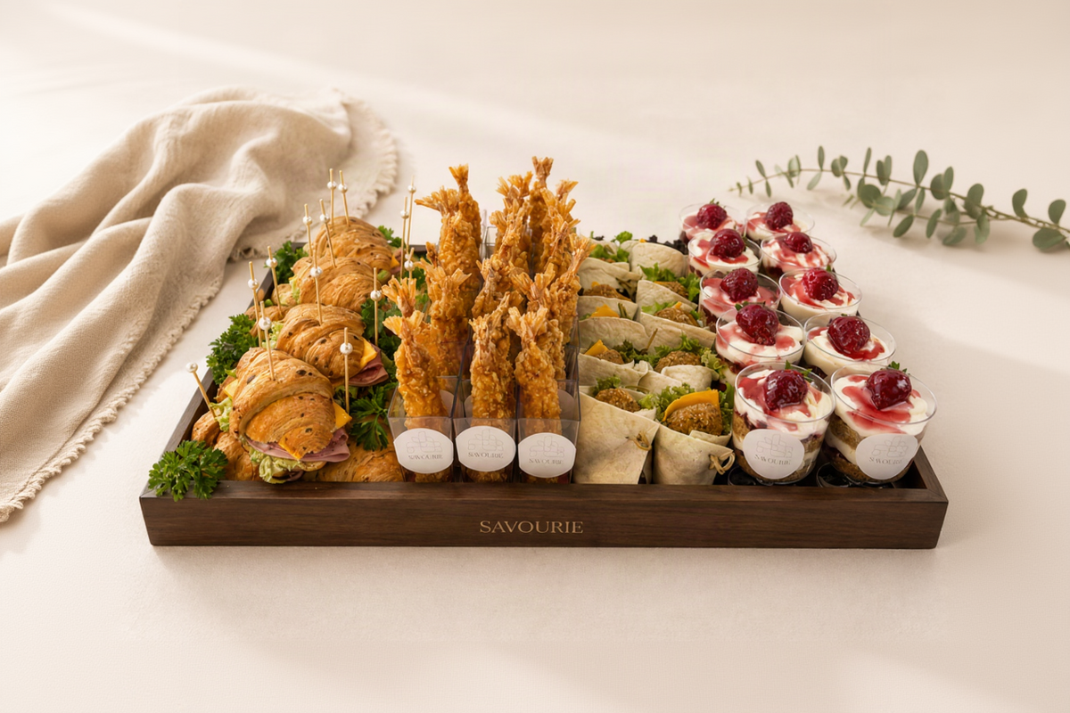 A wooden catering platter labeled 'SAVOURIE' filled with assorted appetizers, including croissants, tempura, wraps, and small dessert cups topped with berries, arranged on a light beige surface with a draped cloth and eucalyptus sprig.