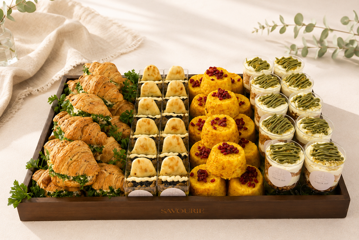 A wooden catering tray filled with assorted pastries and sandwiches, photographed on a light cream fabric background with decorative greenery. The tray contains croissants, small filled pastries, yellow sponge cakes with red berry topping, and green iced cupcakes.