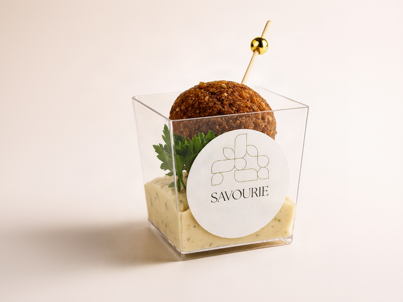 A gourmet appetizer in a clear square plastic container with a white circular label reading 'SAVOURIE'. The appetizer features a golden-brown crispy ball, a green parsley garnish, and a creamy beige sauce base, topped with a gold skewer.