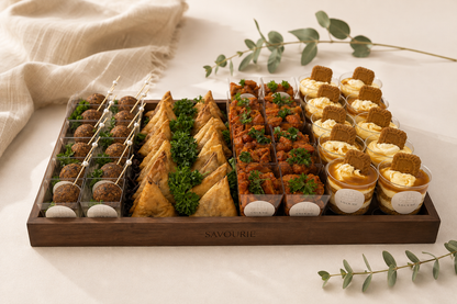 A wooden gift tray filled with assorted appetizers and desserts, photographed on a light beige surface with a draped fabric and eucalyptus stems. The tray includes small cupcakes, tartlets, stuffed triangles, and skewered bites.