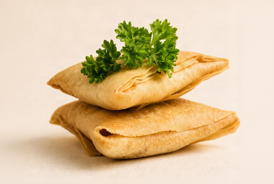 Two golden-brown fried pastries stacked on a light beige background, garnished with a small sprig of fresh green parsley.