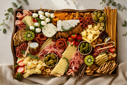 An overhead charcuterie board arranged on a wooden tray, filled with cheeses, cured meats, crackers, olives, pickles, fruit slices, nuts, and skewered appetizers on a light neutral surface.